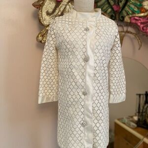Elegant Showgirl White Lace DressCoat with Rhinestone Buttons  Satin Trim Size S